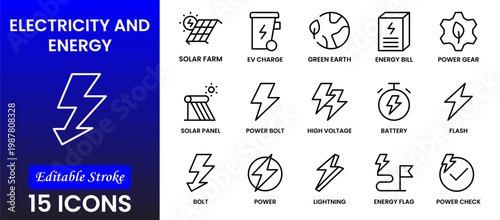 Electricity, electric power line, light, light bulb and electrical equipment.Outline icon collection. Conceptual pictogram and infographic.