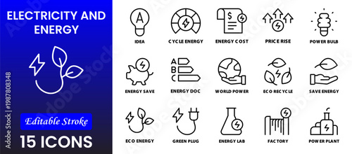 Electricity, electric power line, light, light bulb and electrical equipment.Outline icon collection. Conceptual pictogram and infographic.