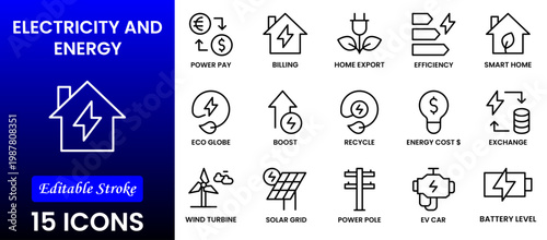 Electricity, electric power line, light, light bulb and electrical equipment.Outline icon collection. Conceptual pictogram and infographic.