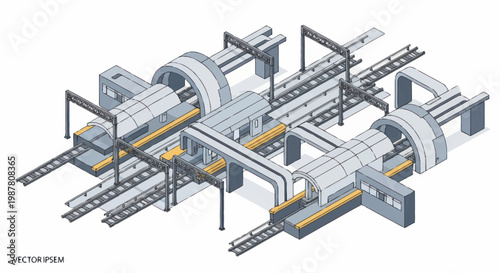 Industrial machinery complex with pipes and rails isometric view.
