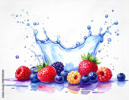 Artistic berry watercolor with lively splash of water, bright and refreshing composition on white.