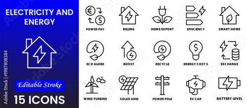 Electricity, electric power line, light, light bulb and electrical equipment.Outline icon collection. Conceptual pictogram and infographic.