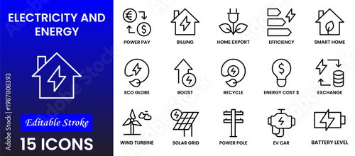 Electricity, electric power line, light, light bulb and electrical equipment.Outline icon collection. Conceptual pictogram and infographic.
