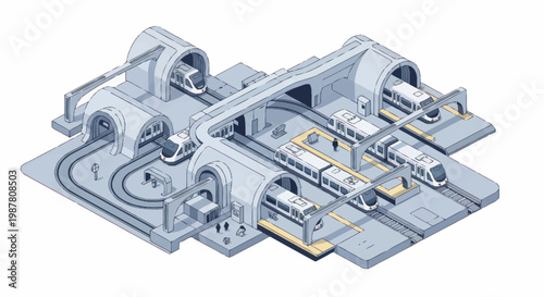 Modern subway station with multiple trains and tracks.