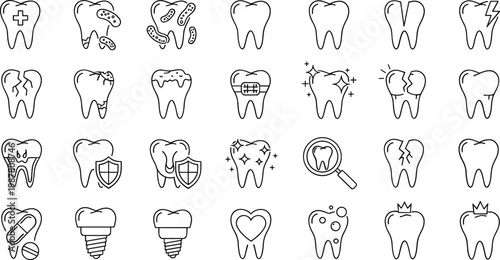 Dental Health Icon Set Featuring Tooth Care, Protection, Treatment, and Dental Procedures for Websites, Apps, and Medical Designs
