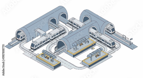 Modern Subway Station with Trains and Tunnels Illustration.