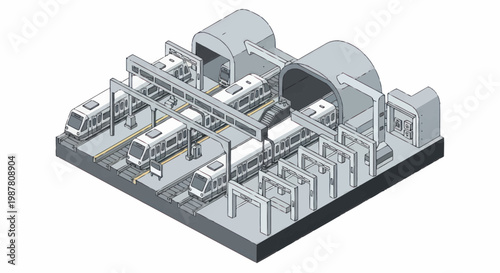 Modern Train Maintenance Facility with Multiple Tracks and Trains.