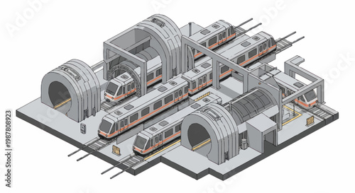 Modern train station with multiple trains and tunnels.