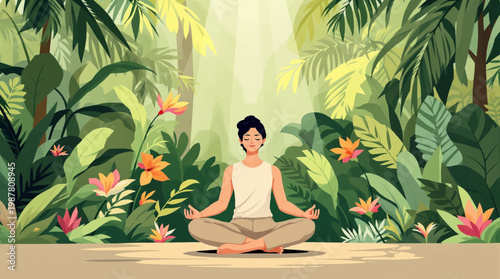 Serene woman meditating surrounded by tropical greenery and flowers. Tranquil woman meditating in a lush tropical forest for mindfulness. Peaceful meditation scene with flowers, leaves