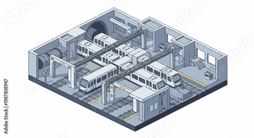 Isometric view of a modern subway station with trains.