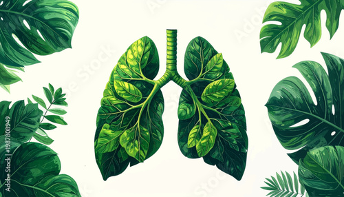 Lungs designed from varied tropical leaves for vibrant health symbolism. Eco-conscious lungs formed with various leaf shapes and green hues. Nature-inspired lungs illustration