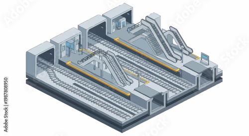Modern subway station with escalators and platforms.