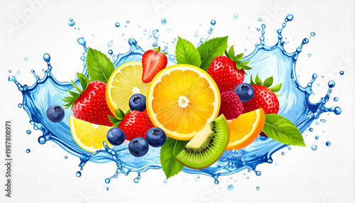 Artistic watercolor fruits with lively splash of water, bright and fresh composition on a white background.
