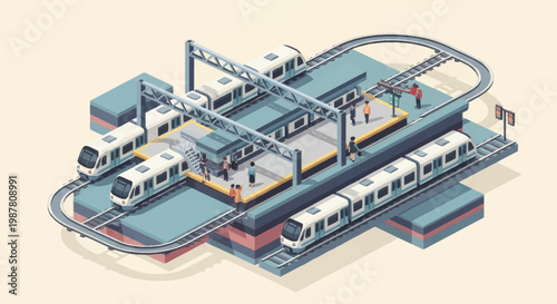 Modern train station with multiple trains and platforms.
