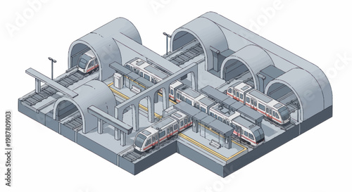 Cross-section illustration of a modern subway station with trains.