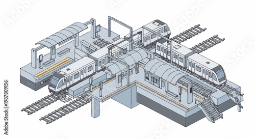 Modern automated metro train station with multiple trains and tracks.