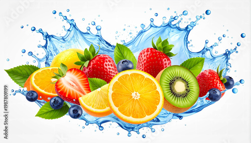 Watercolor fruit mix with refreshing splash effect, vivid colors and soft texture on white.
