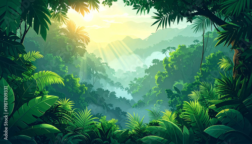 Panoramic valley sunrise above vibrant tropical canopy. Exotic forest vista for resort tourism promotion. Golden horizon landscape amid fresh botanical depth
