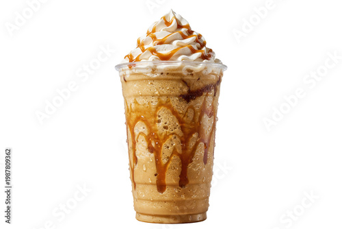 caramel frappe with whipped cream and caramel drizzle in a plastic takeaway cup on transparent background