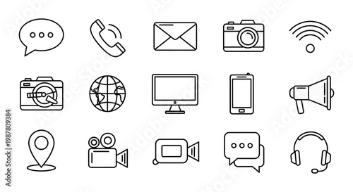 Collection of communication and technology related linear icons in grayscale