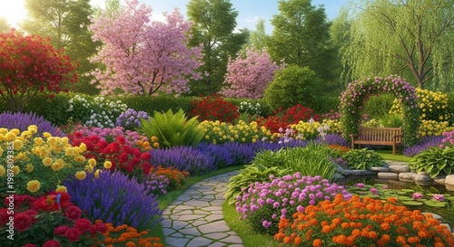 Beautiful Garden Path Lined with Colorful Flowers and Trees.