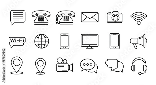 Collection of communication and technology related linear icons in grayscale
