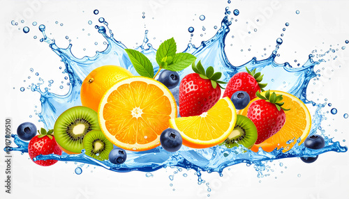 Fresh mixed fruit watercolor illustration with water splashes, bright and tropical, isolated on white.