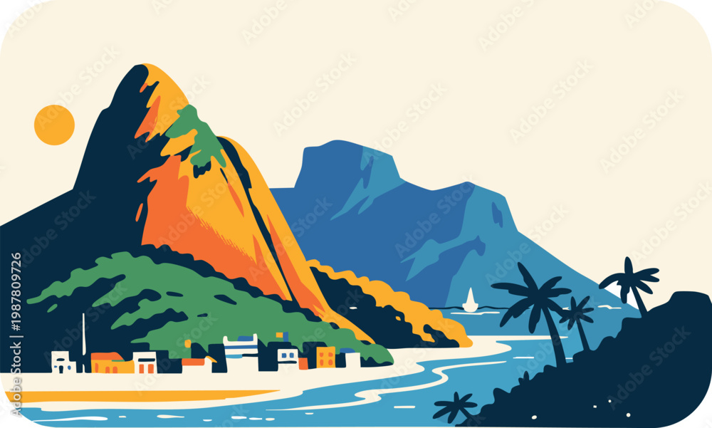 Naklejka premium Rio de Janeiro Landscape Illustration with Sugarloaf Mountain, Beach and Coastal City Brazil Travel Scene