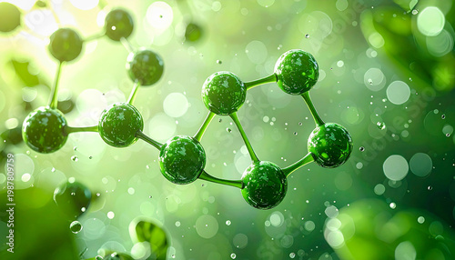 Futuristic green molecular structure in macro view, detailed atoms and bonds symbolizing scientific innovation.