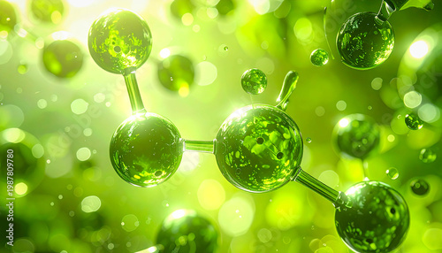 Close-up green molecule network with luminous connections, representing advanced biotechnology and life science.
