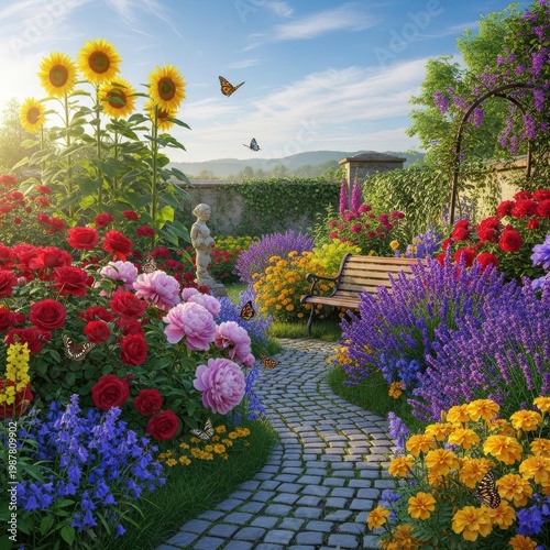 Beautiful Garden Path with Flowers, Bench, and Butterflies.