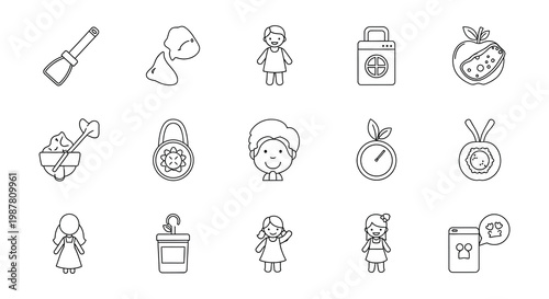 Collection of simple line icons depicting childhood and related objects