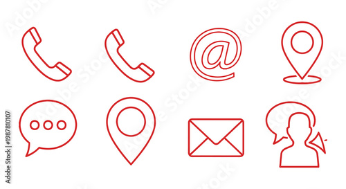 Red line icons representing contact information and communication methods