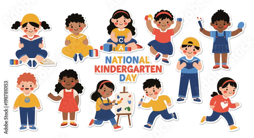 Diverse kindergarten students are depicted in a colorful vector illustration celebrating National Kindergarten Day, engaging in playful education concepts like reading, painting