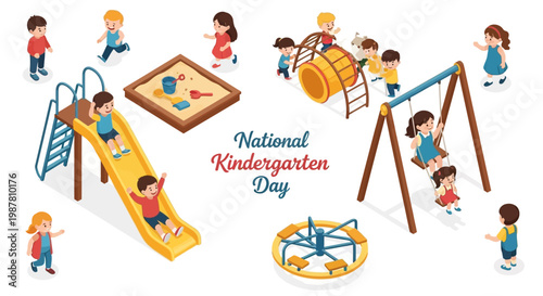 Isometric vector illustration features children playing on a colorful playground set with a slide, swings, and sandbox against a clean white background, creating a playful and joyful scene