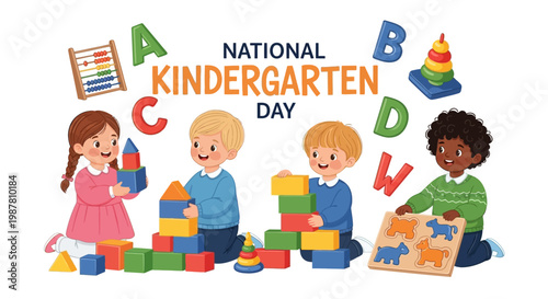 Colorful vector art celebrates National Kindergarten Day, showing diverse young children playfully building with blocks and puzzles in a brightly lit classroom setting