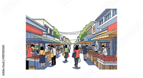 People walking on city street market.