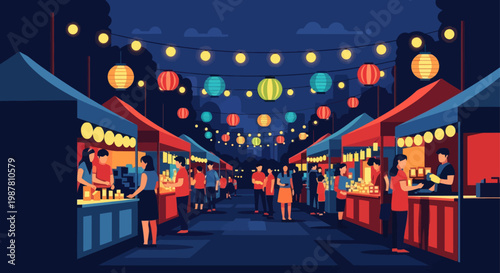 People Walking Through Night Market Stalls.