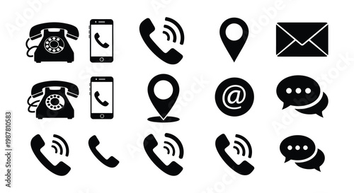 Communication icons featuring phones messages and location pins