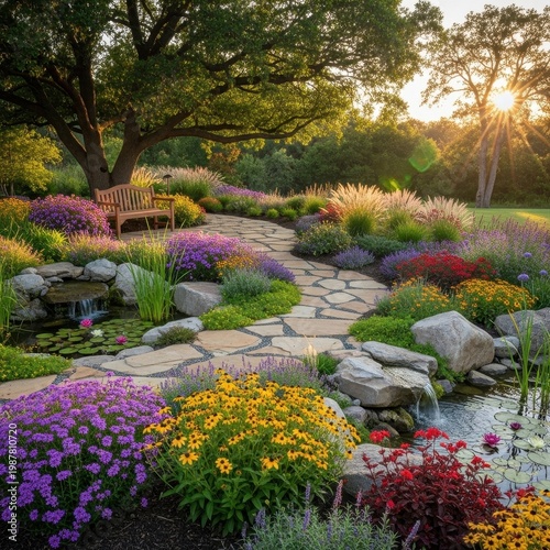 Beautiful Garden Path with Flowers and Sunlight at Sunset.