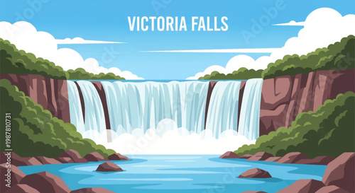 Flat vector illustration of Victoria Falls featuring a wide waterfall, rocky cliffs, green foliage, white mist spray at the base, blue water, and text title against a cloudy sky background.