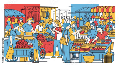 People working at fruit market stalls.