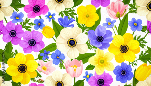Seamless floral pattern with anemones and tulips, soft colors and elegant arrangement for textile and wallpaper design.