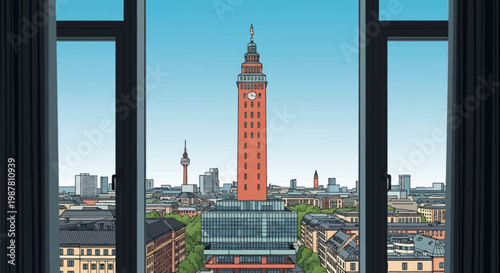 Vector illustration of the Nikolaj Kunsthal tower and Copenhagen city skyline viewed through an open window frame, featuring the historic red brick clock tower and urban scenery.