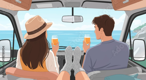 Vector illustration of a couple seen from behind sitting inside a camper van, looking at the ocean with feet in socks on the dashboard and holding glasses of orange juice.