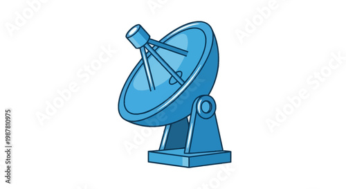A stylized blue satellite dish antenna illustration featuring a parabolic shape, receiver horn, and mounting base, isolated on a white background for telecommunications concepts.