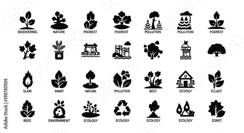 Black silhouettes depicting environmental concerns and ecological elements