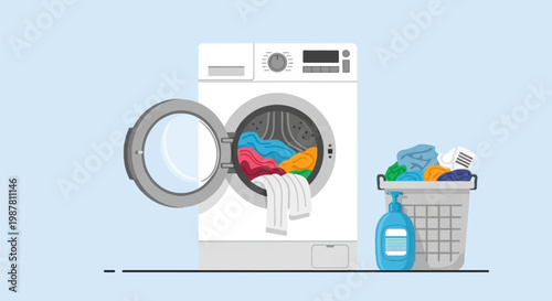 Flat vector illustration of a white front-load washing machine with an open door, colorful laundry inside, a laundry basket, and a detergent bottle on a light blue background.