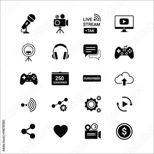 Icons representing modern technology, streaming, and social media engagement