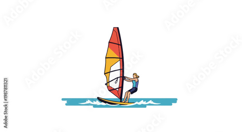 Flat vector illustration of a windsurfer with a colorful red and orange sail gliding across blue ocean water waves, isolated on a white background for graphic design.